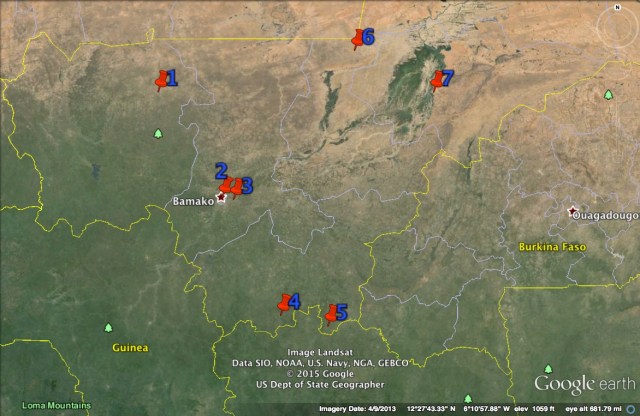 Sites of terrorist attacks in central/southern Mali (numbers correspond to locations enumerated below)